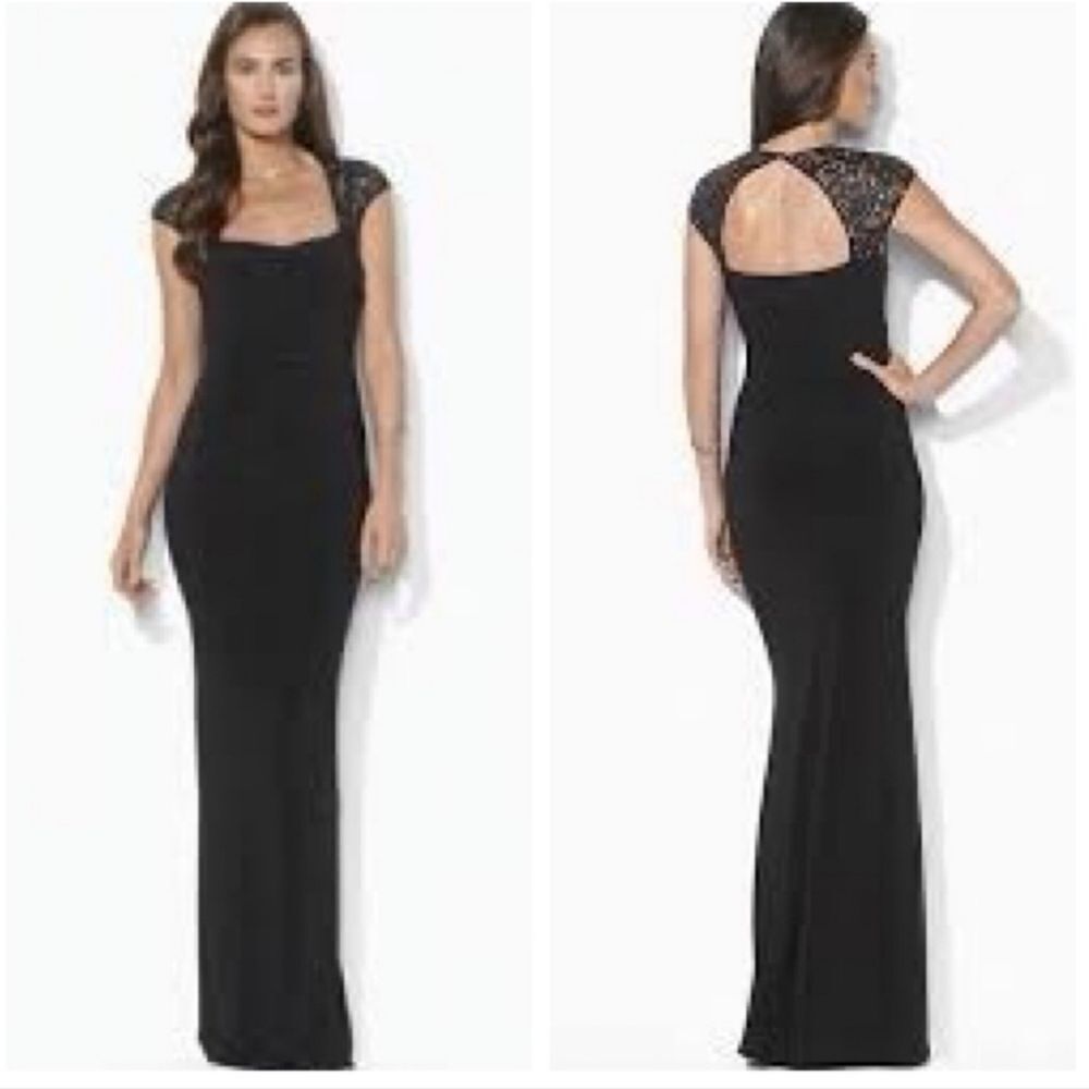 Cache Black Mermaid Maxi Dress with Embroidered Sleeves‎ Size 0